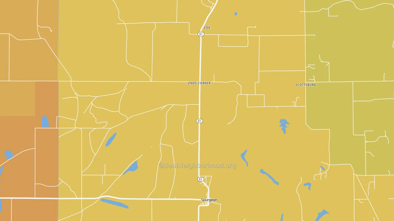 Map of the best neighborhoods in the Enos Corner area, with better matches in green and worse matches in red