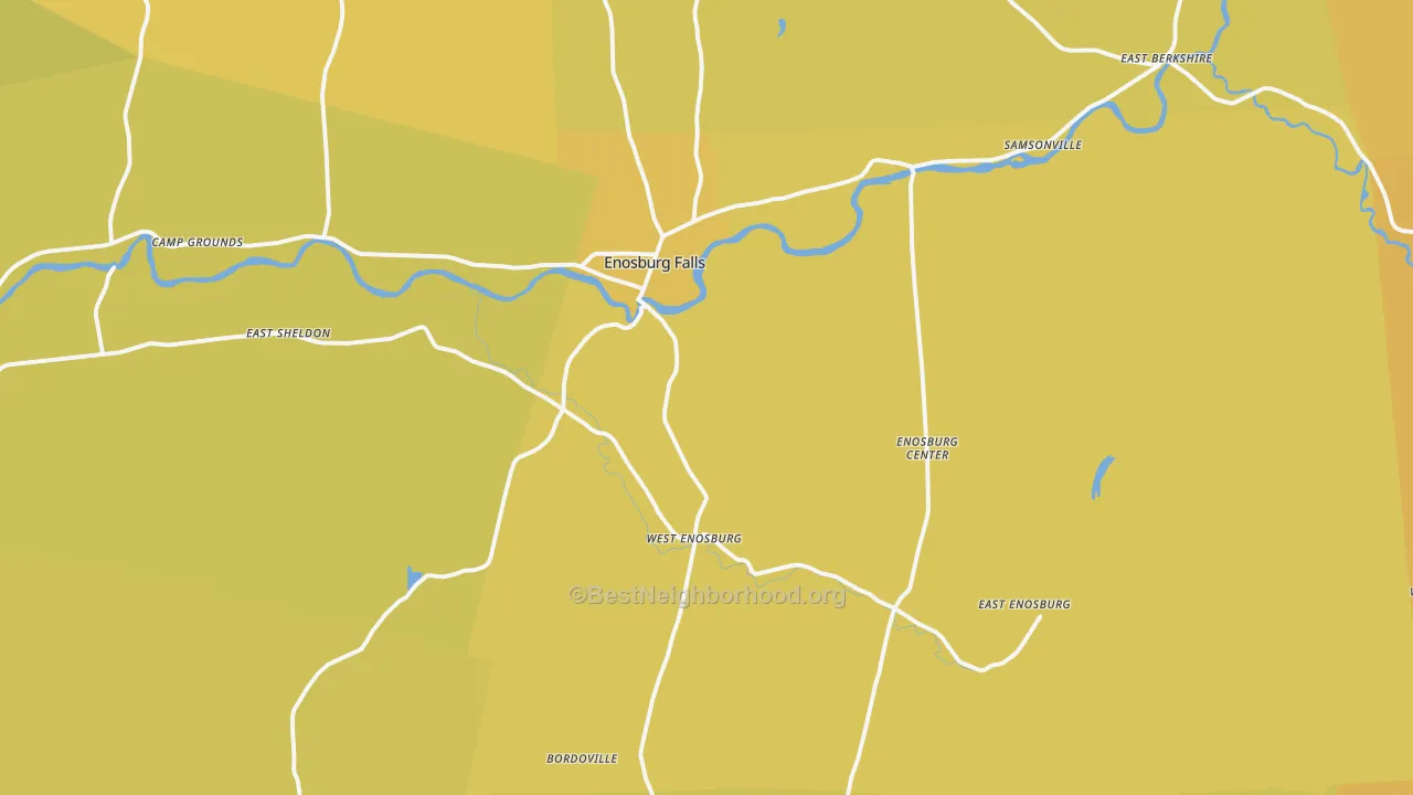 Map of the best neighborhoods in the Enosburg Falls area, with better matches in green and worse matches in red