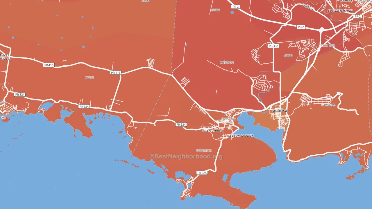Map of the best neighborhoods in the Ensenada area, with better matches in green and worse matches in red