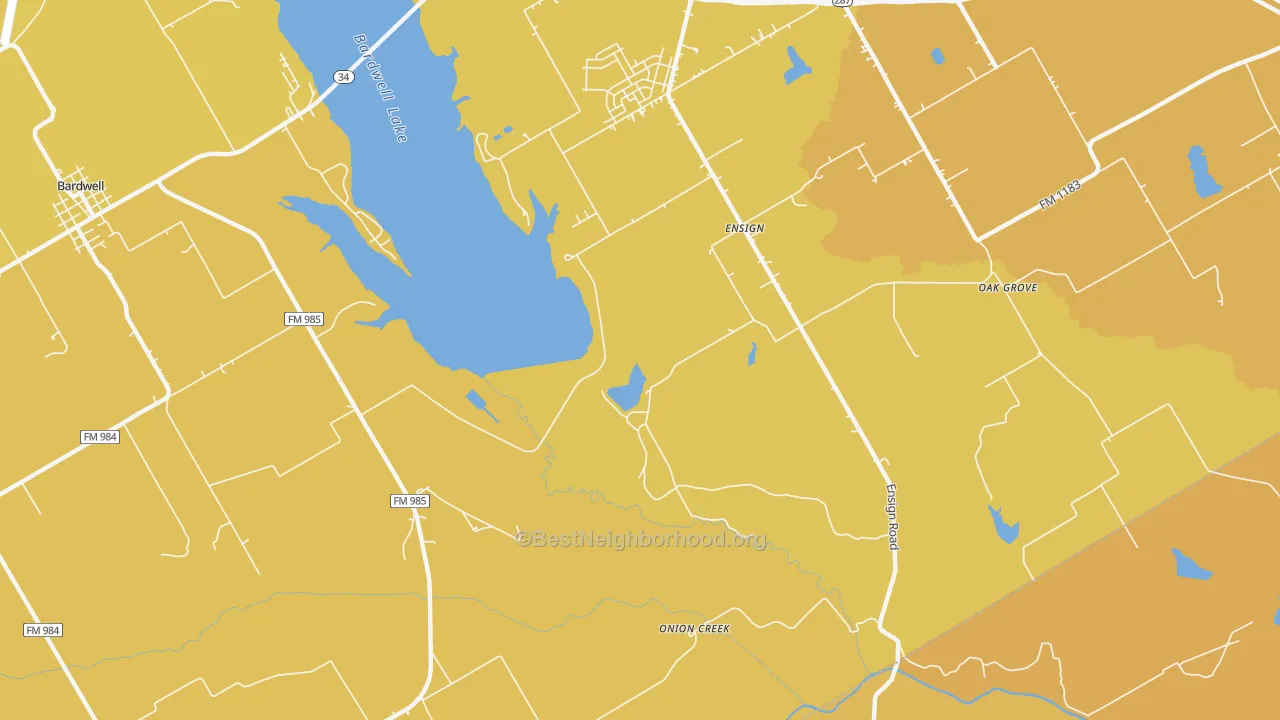 Map of the best neighborhoods in the Ensign area, with better matches in green and worse matches in red