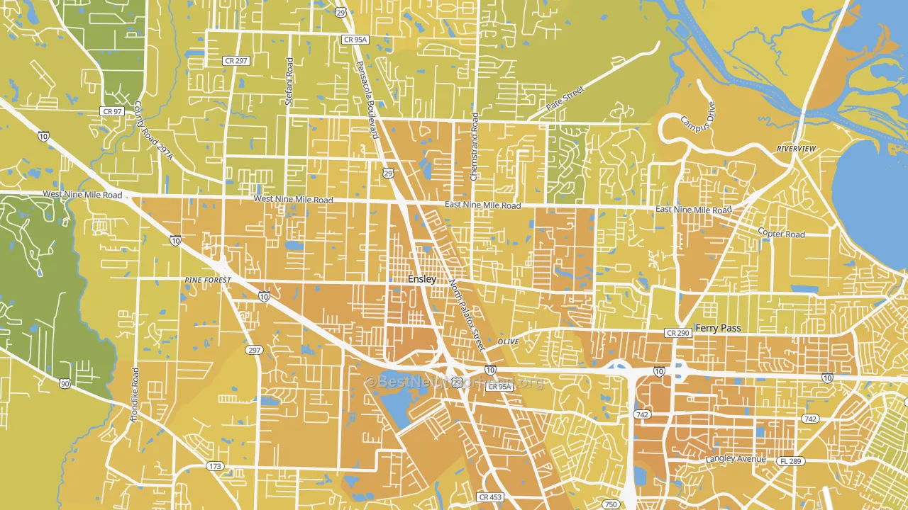 Map of the best neighborhoods in the Ensley area, with better matches in green and worse matches in red