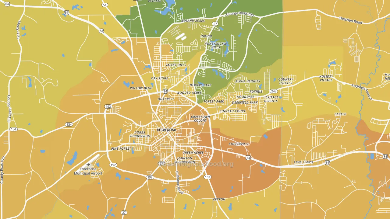 Map of the best neighborhoods in the Enterprise area, with better matches in green and worse matches in red