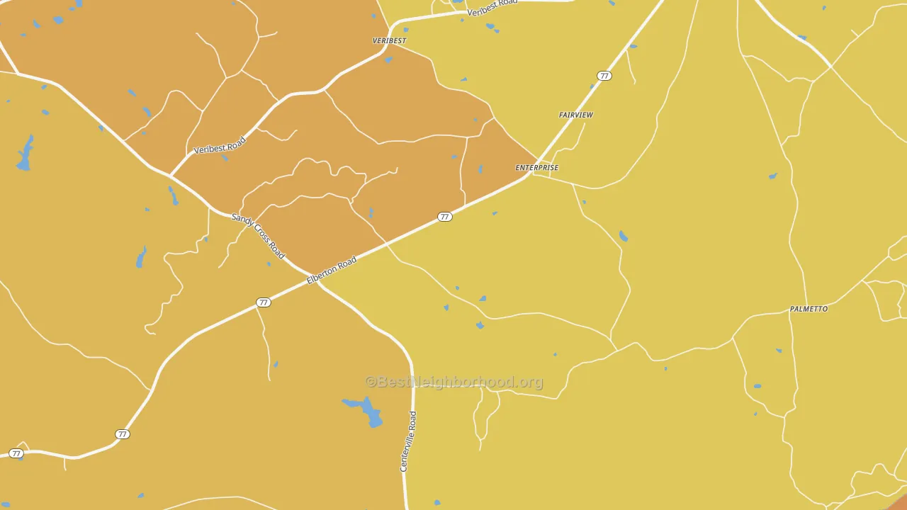 Map of the best neighborhoods in the Enterprise area, with better matches in green and worse matches in red