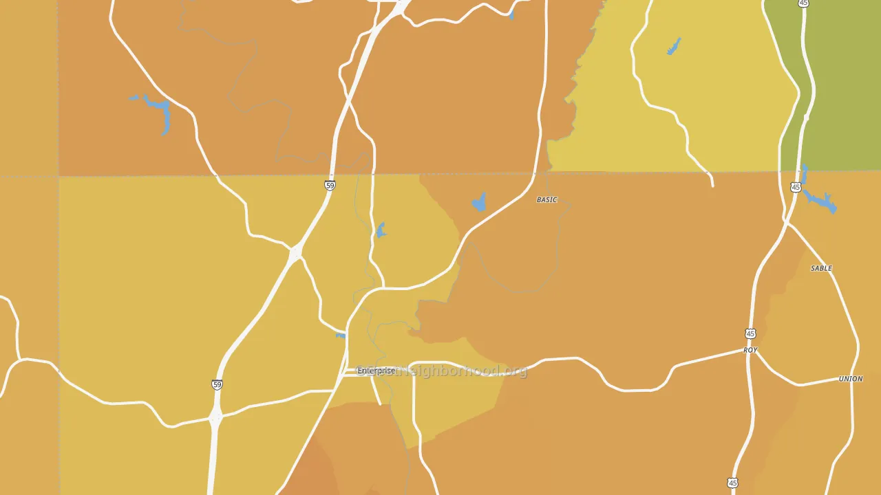 Map of the best neighborhoods in the Enterprise area, with better matches in green and worse matches in red