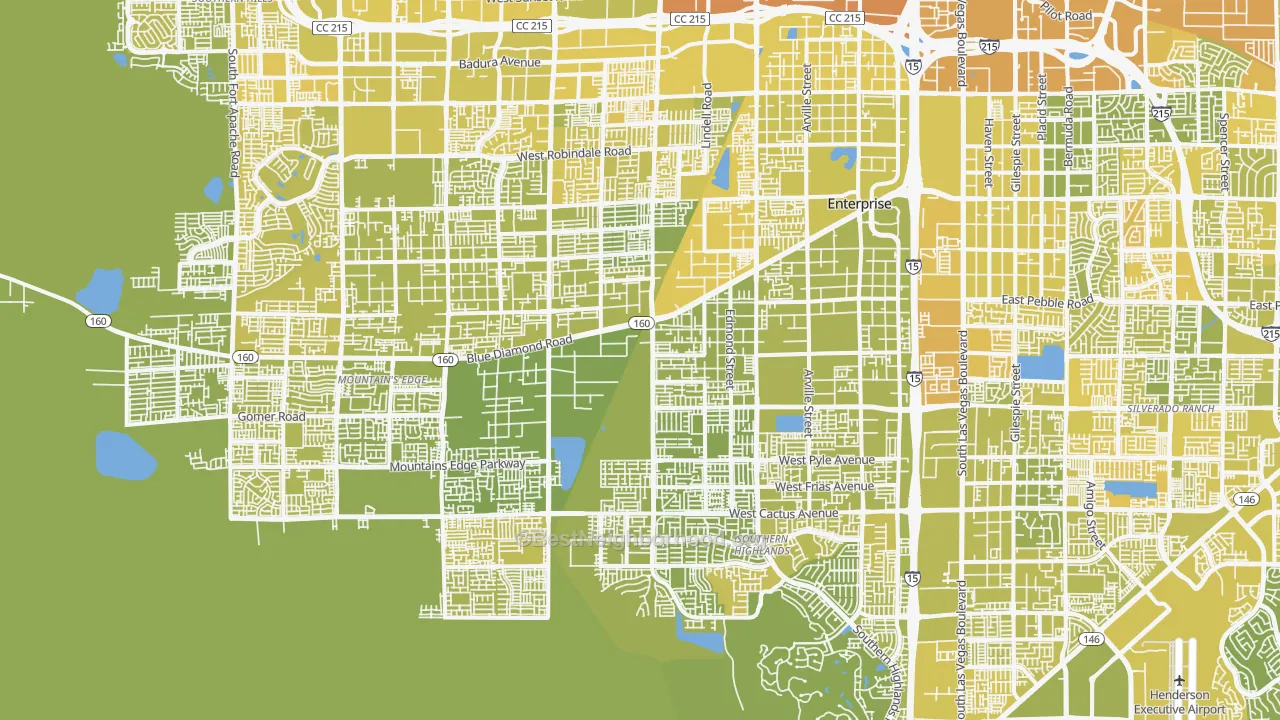 Map of the best neighborhoods in the Enterprise area, with better matches in green and worse matches in red