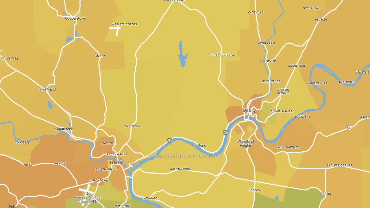 Map of the best neighborhoods in the Enterprise area, with better matches in green and worse matches in red