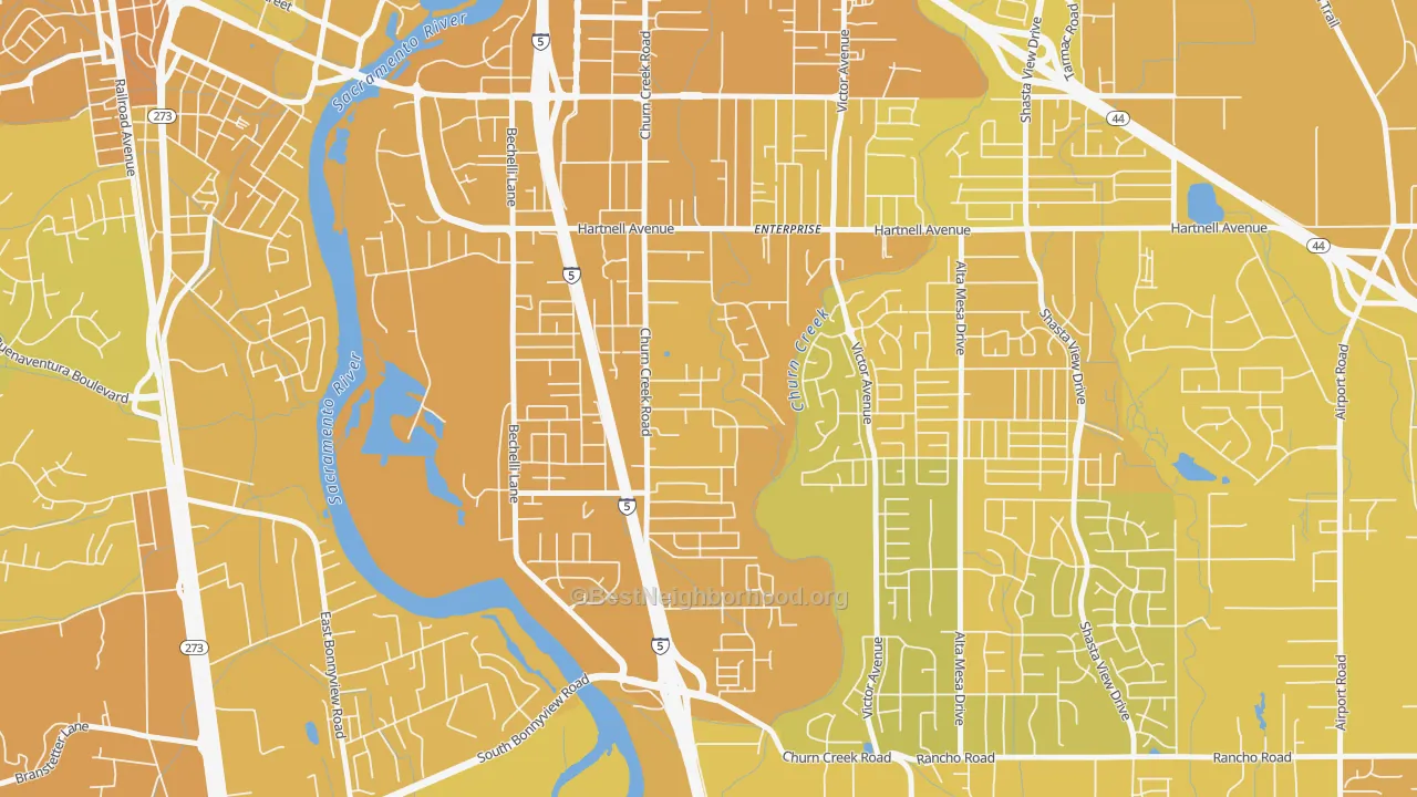 Map of the best neighborhoods in the Enterprise, Redding area, with better matches in green and worse matches in red