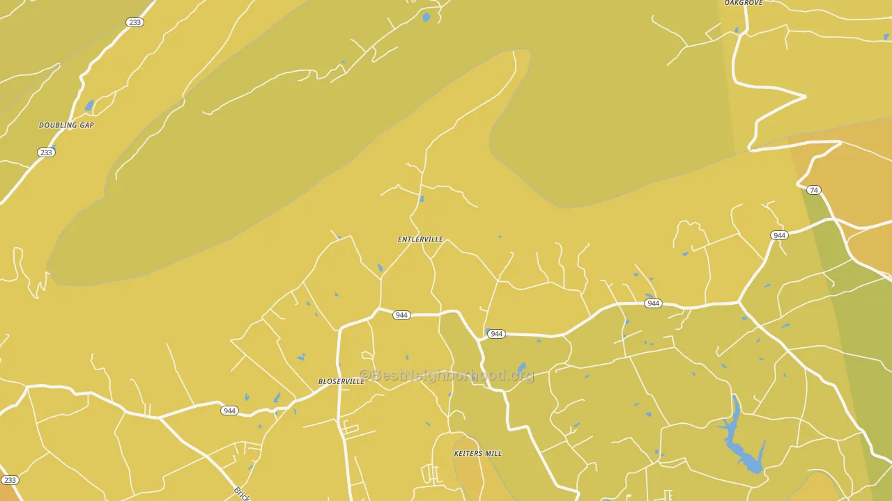 Map of the best neighborhoods in the Entlerville area, with better matches in green and worse matches in red