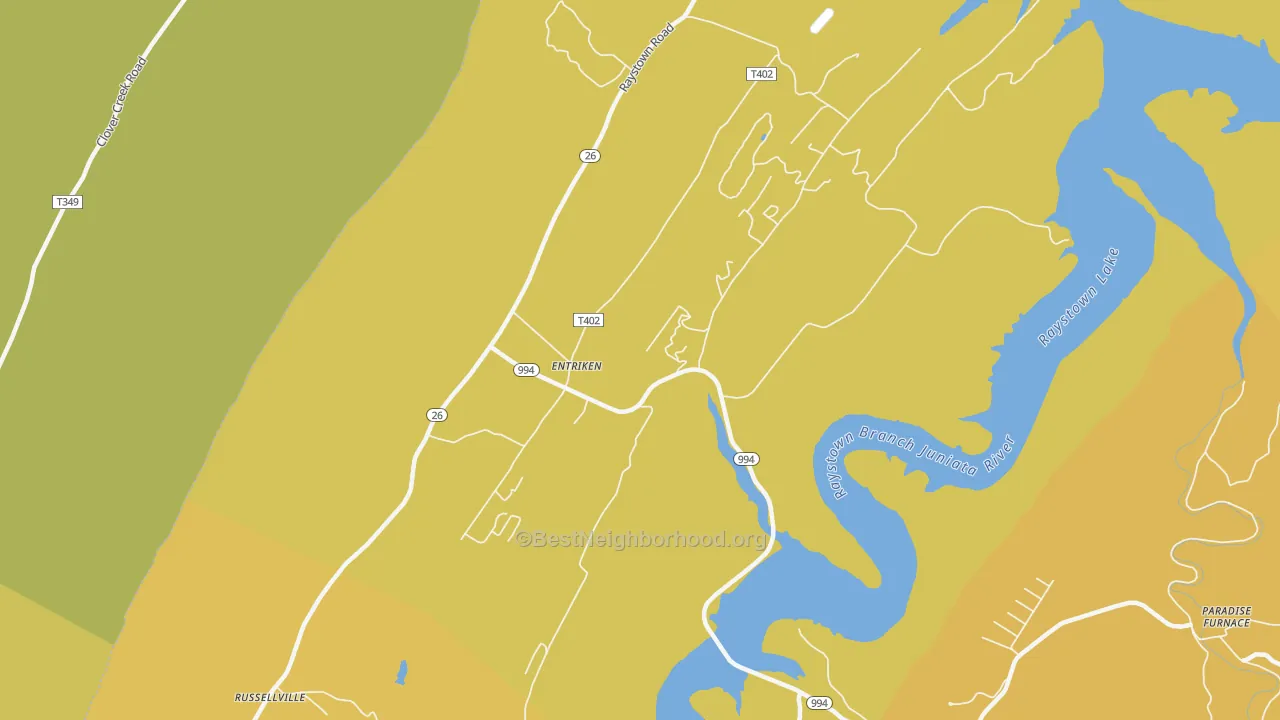 Map of the best neighborhoods in the Entriken area, with better matches in green and worse matches in red