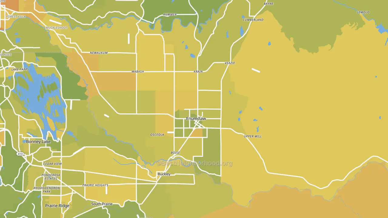 Map of the best neighborhoods in the Enumclaw area, with better matches in green and worse matches in red