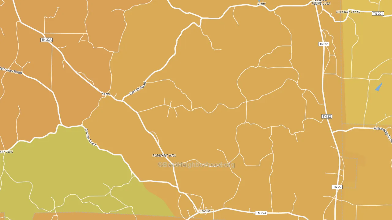 Map of the best neighborhoods in the Enville area, with better matches in green and worse matches in red