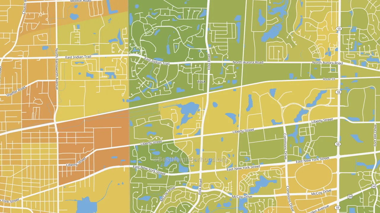 Map of the best neighborhoods in the Eola area, with better matches in green and worse matches in red