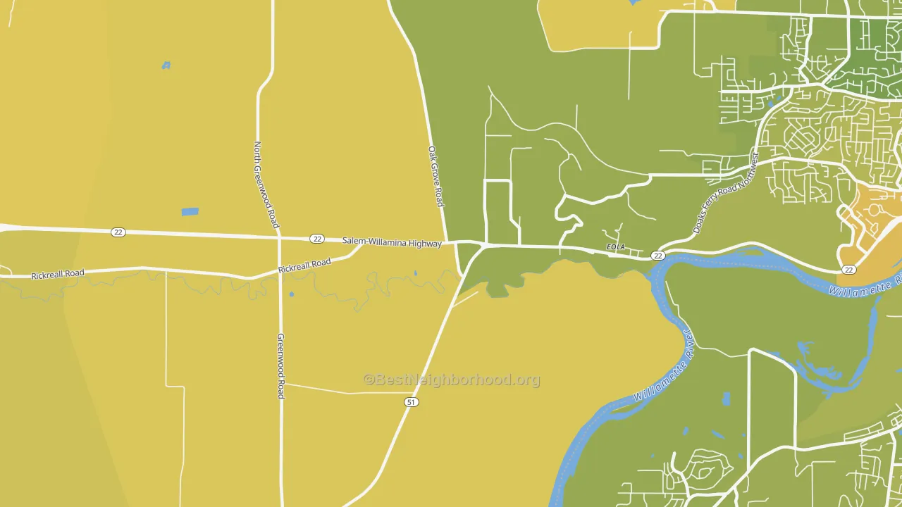 Map of the best neighborhoods in the Eola area, with better matches in green and worse matches in red