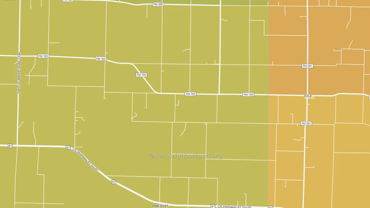 Map of the best neighborhoods in the Eola area, with better matches in green and worse matches in red