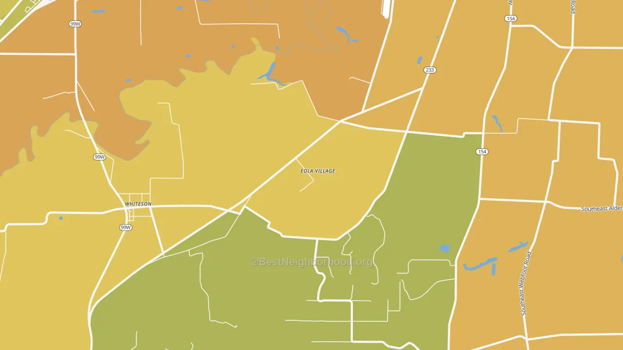 Map of the best neighborhoods in the Eola Village area, with better matches in green and worse matches in red