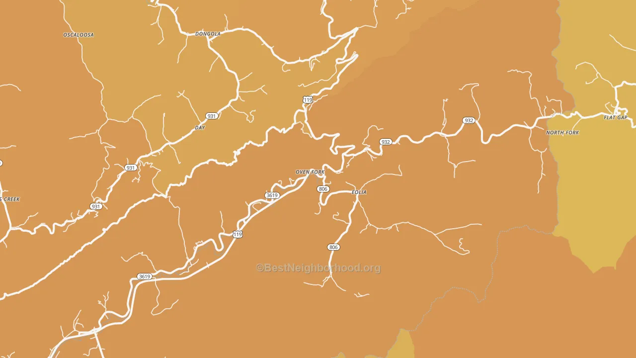 Map of the best neighborhoods in the Eolia area, with better matches in green and worse matches in red
