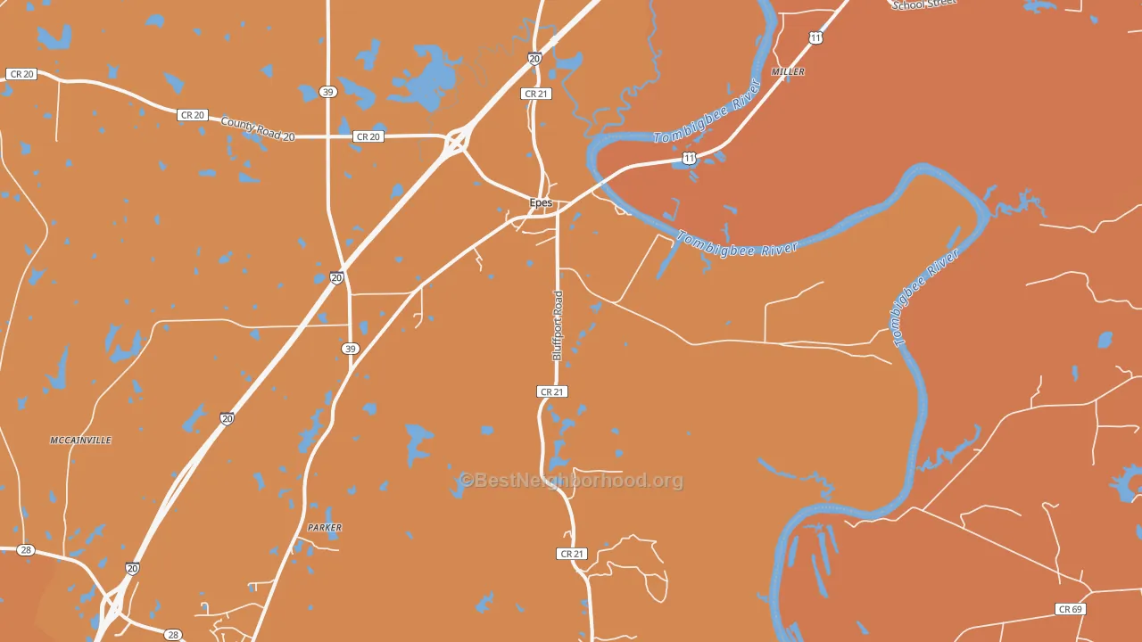 Map of the best neighborhoods in the Epes area, with better matches in green and worse matches in red