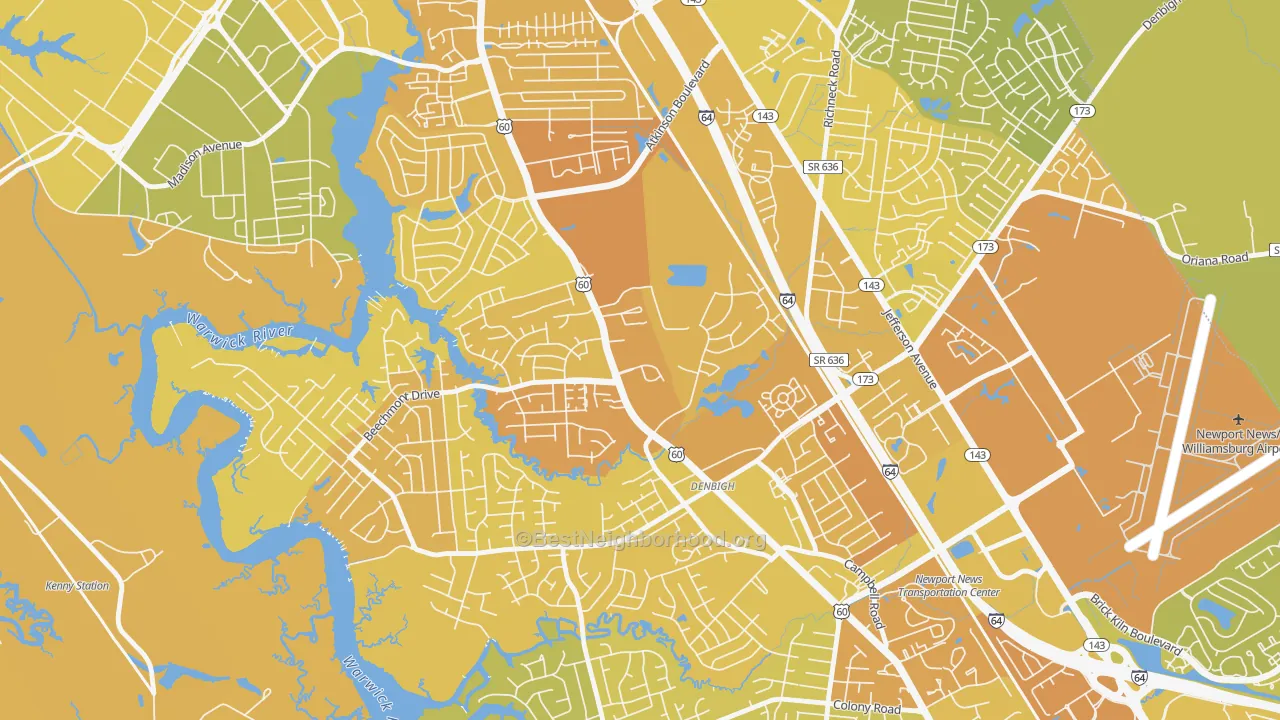 Map of the best neighborhoods in the Epes, Newport News area, with better matches in green and worse matches in red