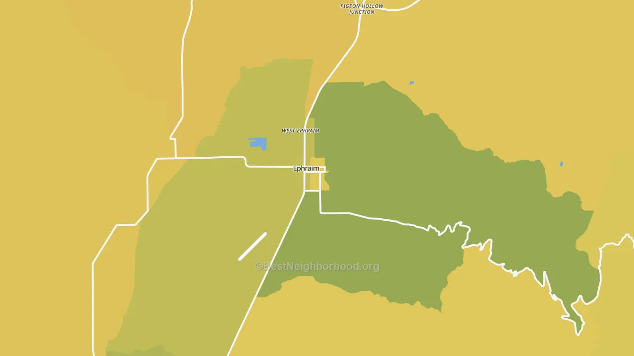 Map of the best neighborhoods in the Ephraim area, with better matches in green and worse matches in red