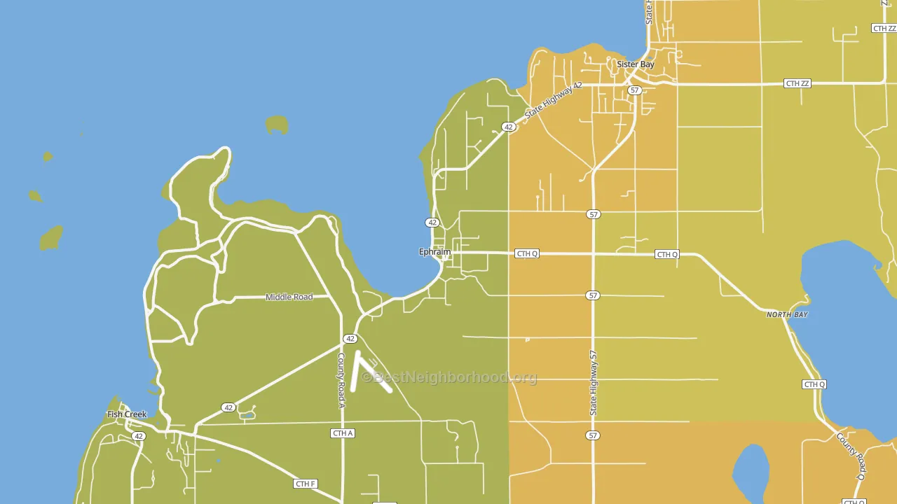 Map of the best neighborhoods in the Ephraim area, with better matches in green and worse matches in red