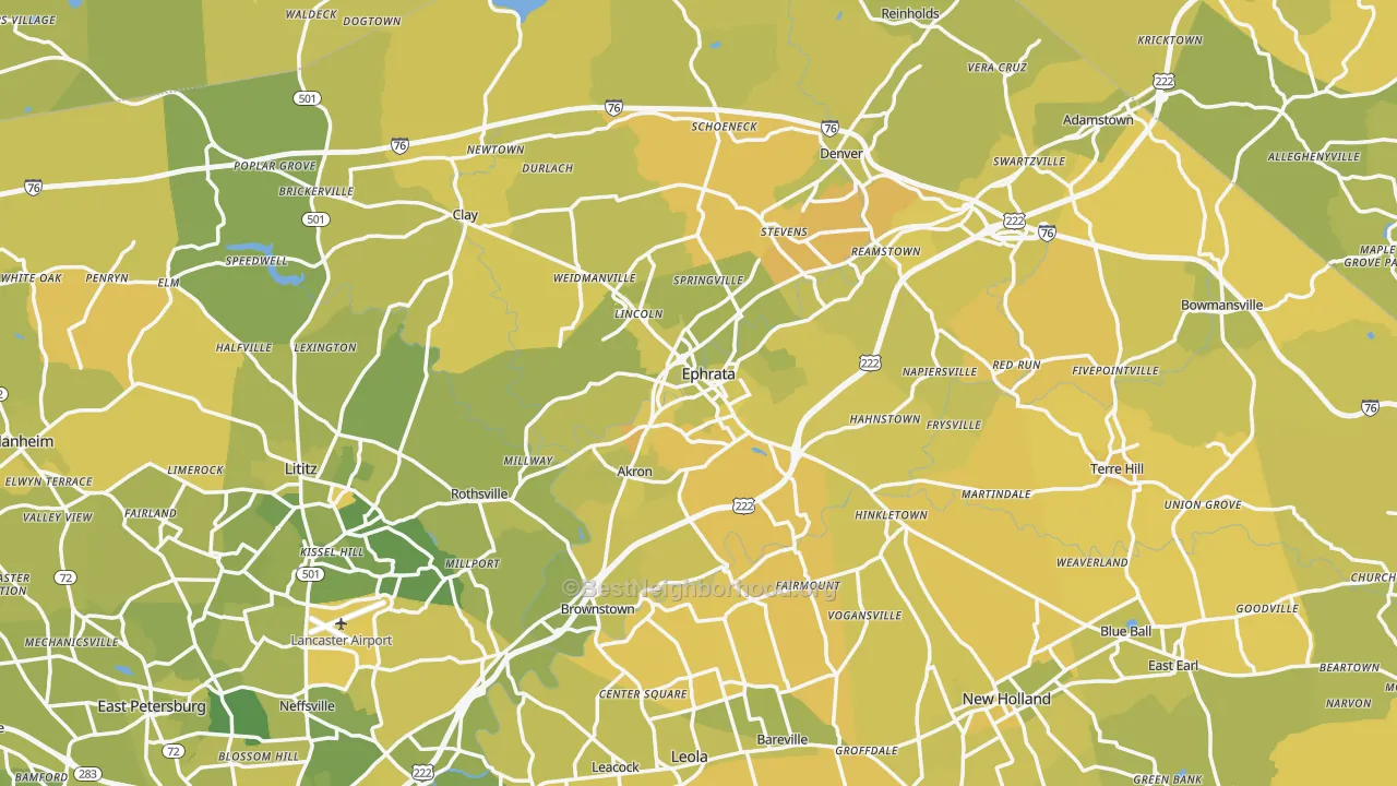 Map of the best neighborhoods in the Ephrata area, with better matches in green and worse matches in red
