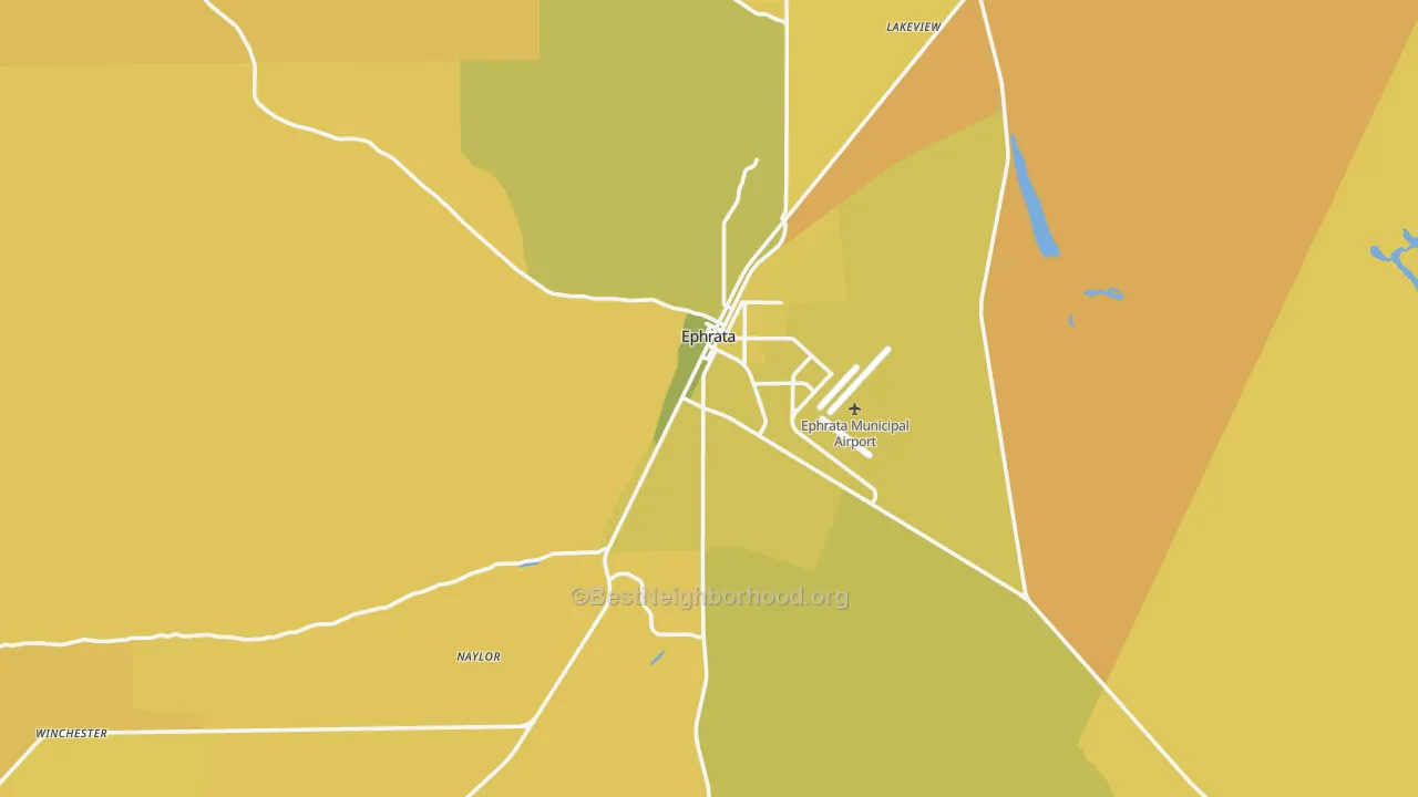 Map of the best neighborhoods in the Ephrata area, with better matches in green and worse matches in red