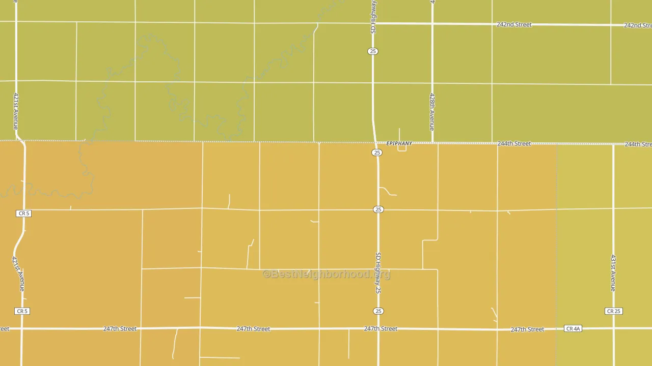 Map of the best neighborhoods in the Epiphany area, with better matches in green and worse matches in red