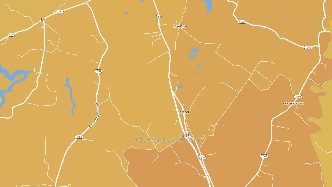 Map of the best neighborhoods in the Epleys area, with better matches in green and worse matches in red