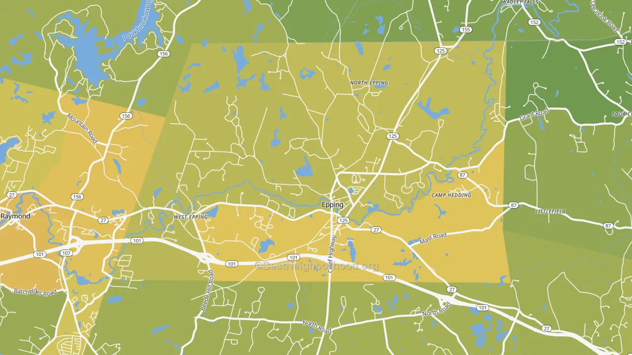 Map of the best neighborhoods in the Epping area, with better matches in green and worse matches in red