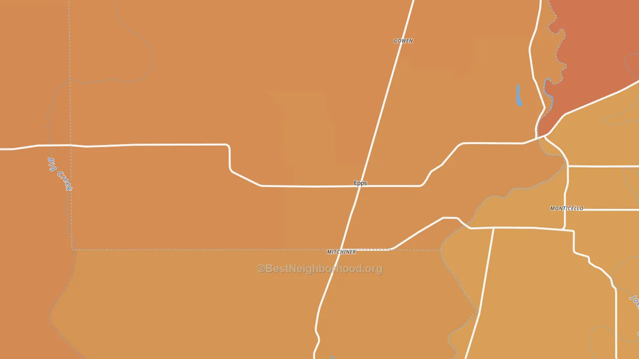 Map of the best neighborhoods in the Epps area, with better matches in green and worse matches in red