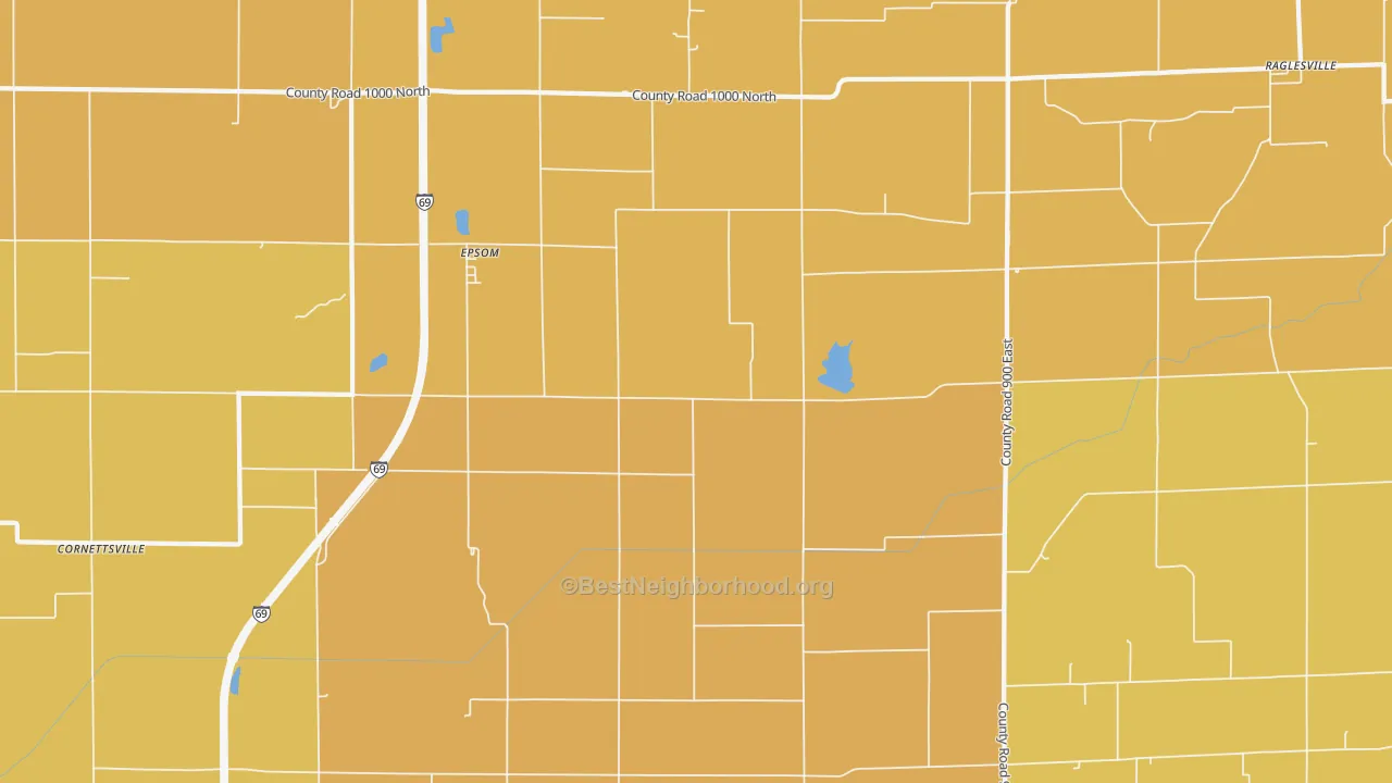 Map of the best neighborhoods in the Epsom area, with better matches in green and worse matches in red