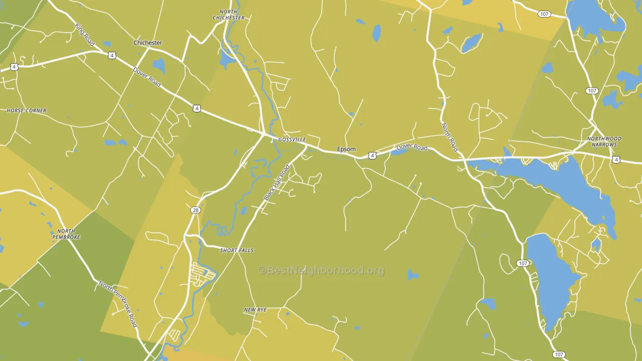 Map of the best neighborhoods in the Epsom area, with better matches in green and worse matches in red