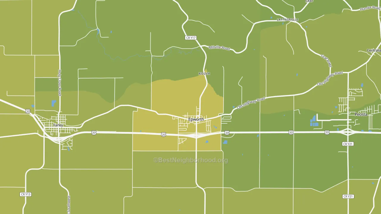 Map of the best neighborhoods in the Epworth area, with better matches in green and worse matches in red