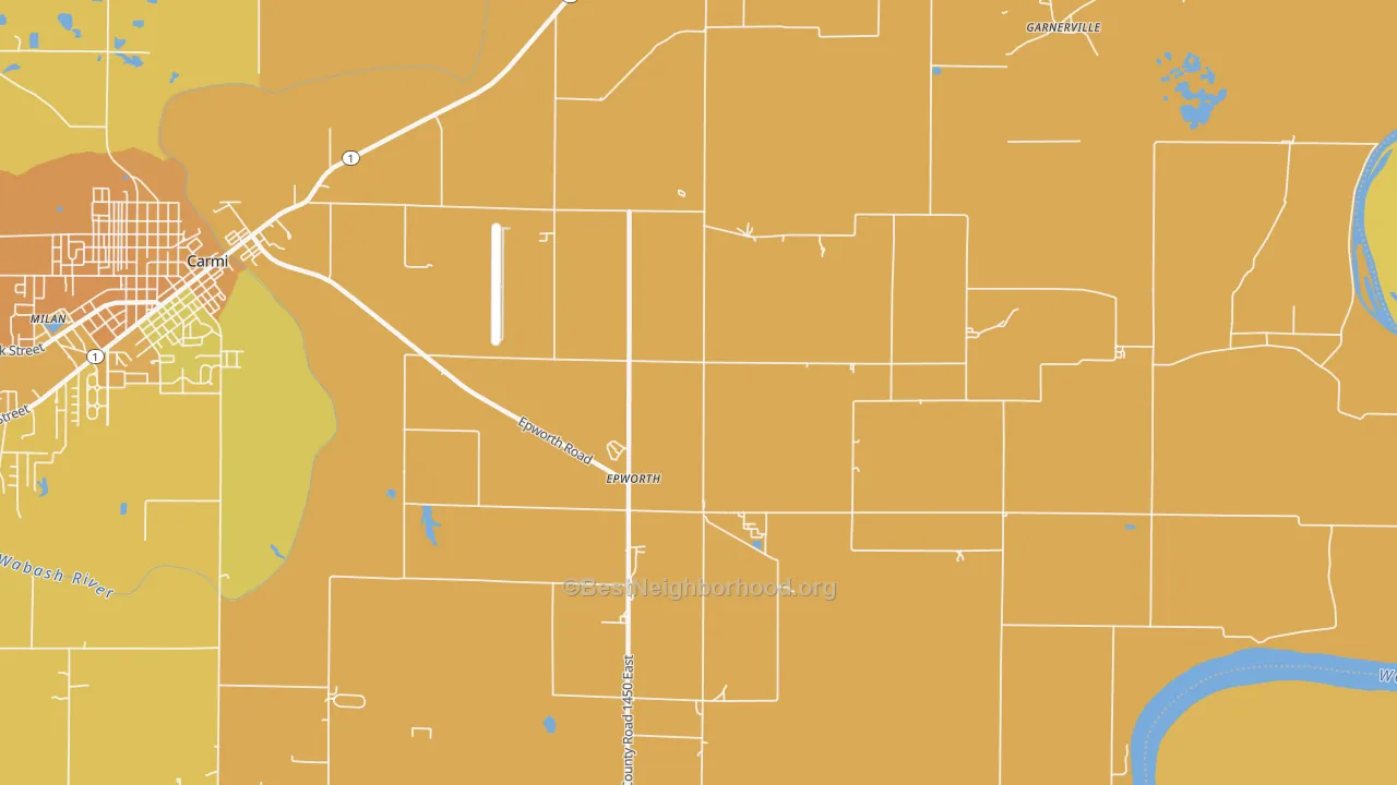 Map of the best neighborhoods in the Epworth area, with better matches in green and worse matches in red