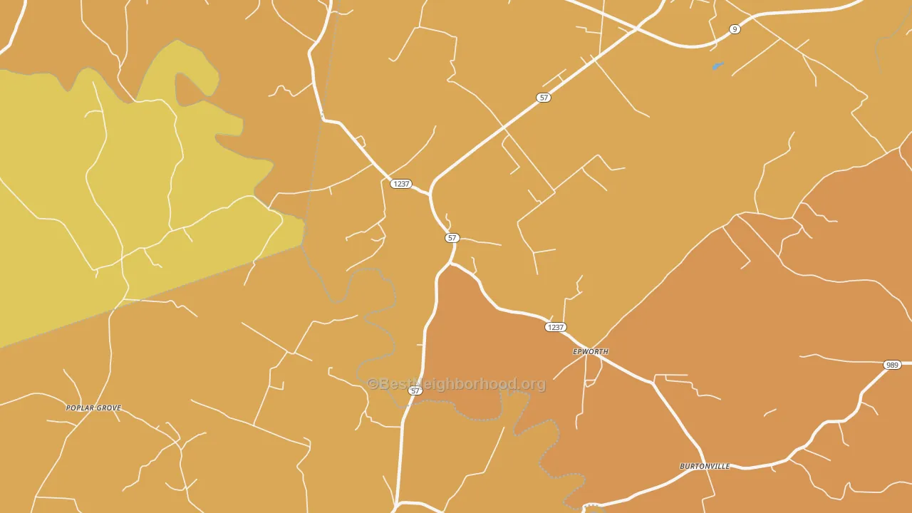 Map of the best neighborhoods in the Epworth area, with better matches in green and worse matches in red
