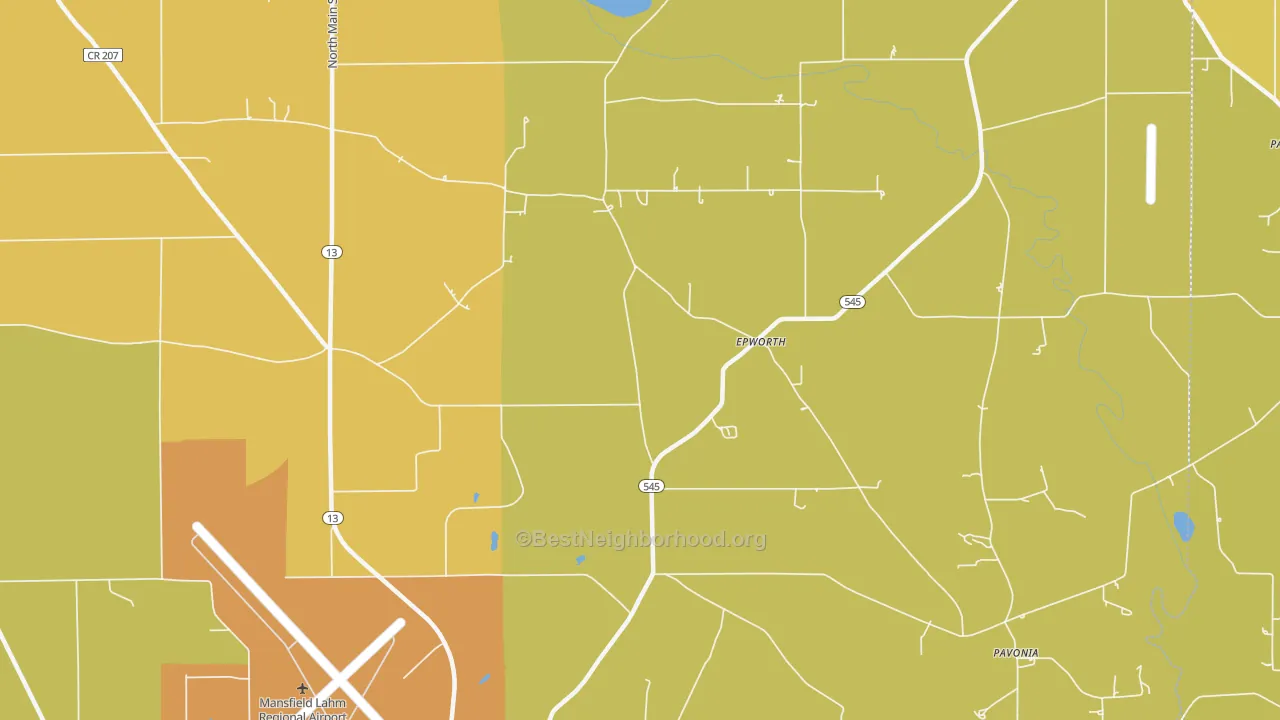 Map of the best neighborhoods in the Epworth area, with better matches in green and worse matches in red