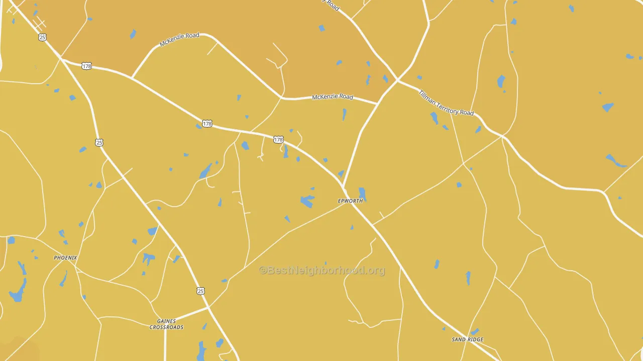 Map of the best neighborhoods in the Epworth area, with better matches in green and worse matches in red