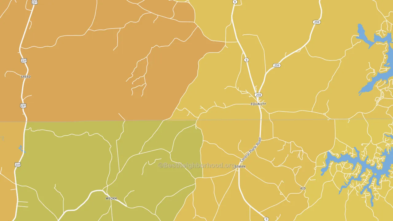 Map of the best neighborhoods in the Equality area, with better matches in green and worse matches in red