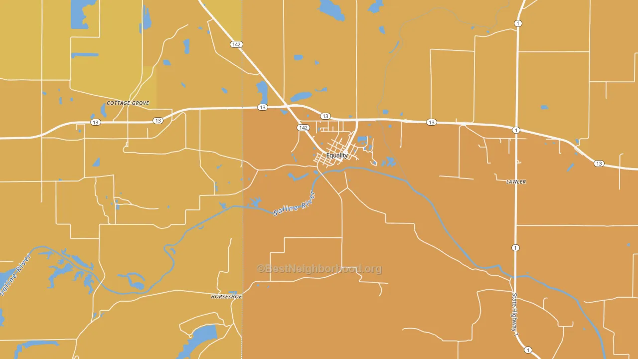 Map of the best neighborhoods in the Equality area, with better matches in green and worse matches in red