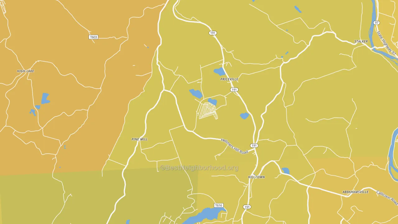 Map of the best neighborhoods in the Equinunk area, with better matches in green and worse matches in red
