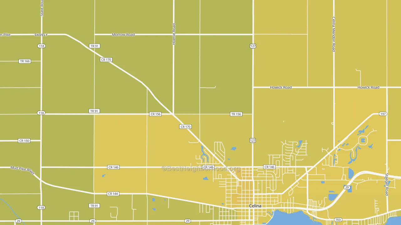 Map of the best neighborhoods in the Erastus area, with better matches in green and worse matches in red