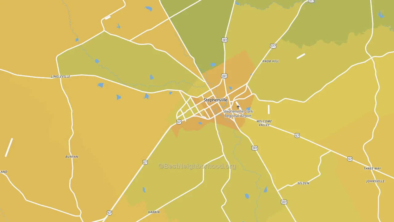 Map of the best neighborhoods in the Erath County area, with better matches in green and worse matches in red