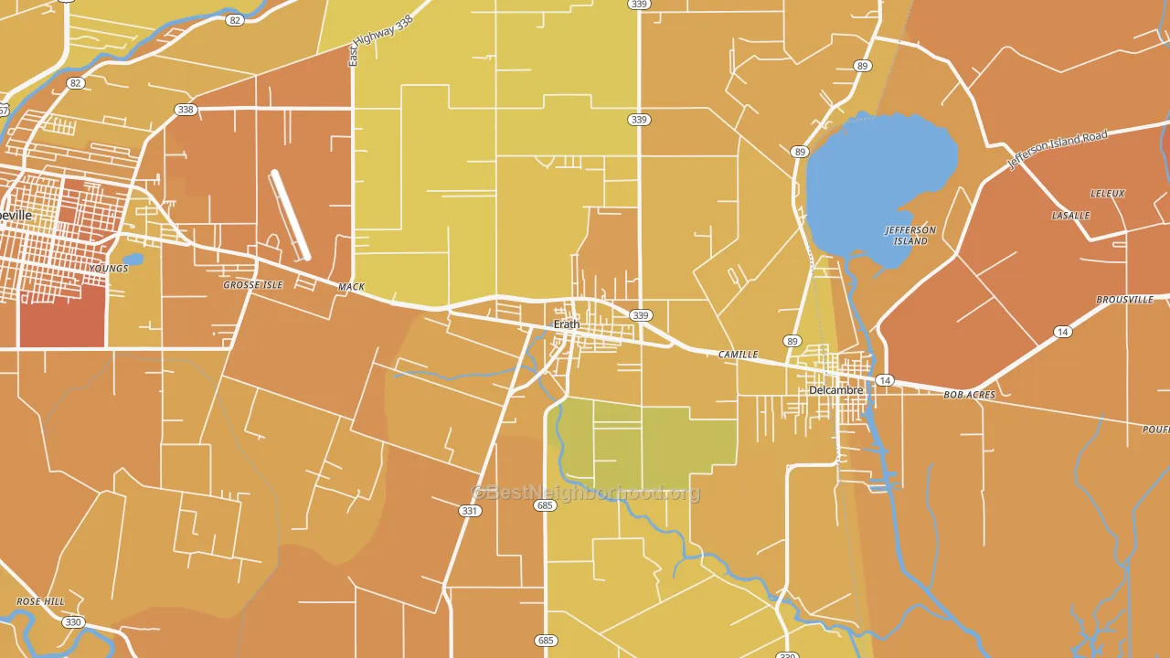 Map of the best neighborhoods in the Erath area, with better matches in green and worse matches in red