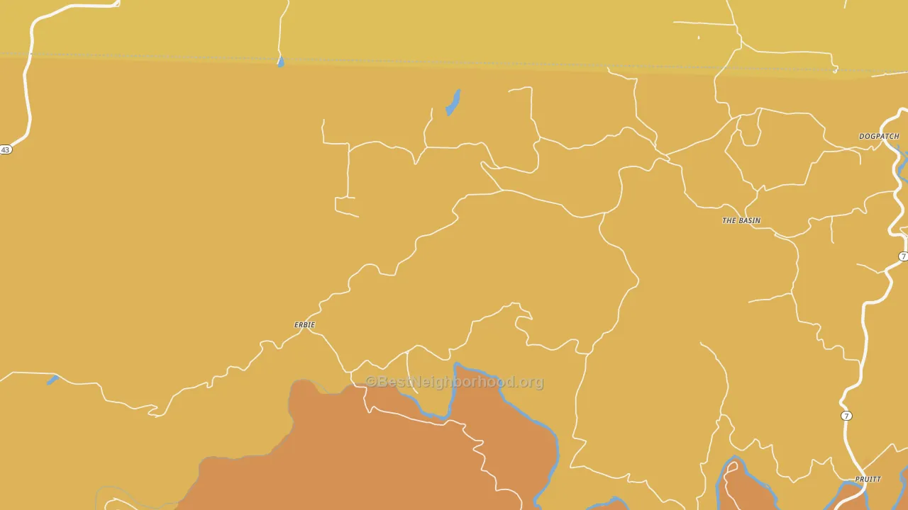 Map of the best neighborhoods in the Erbie area, with better matches in green and worse matches in red