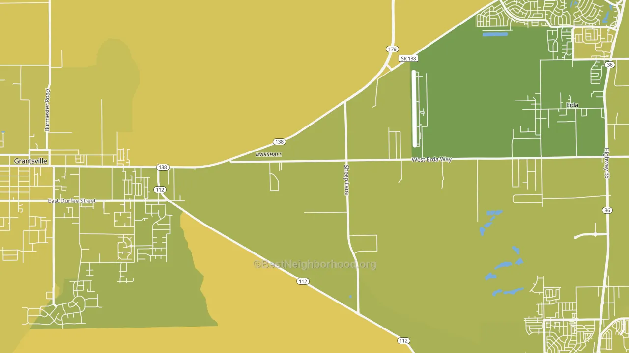 Map of the best neighborhoods in the Erda area, with better matches in green and worse matches in red