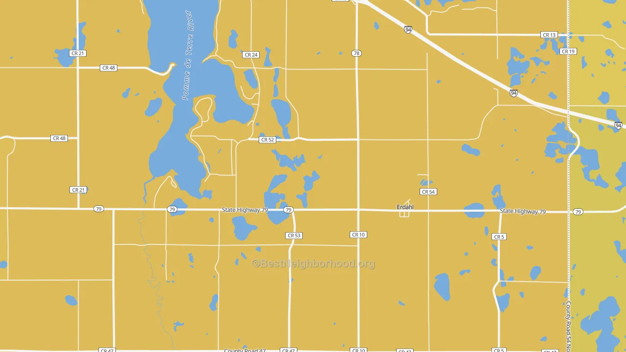 Map of the best neighborhoods in the Erdahl area, with better matches in green and worse matches in red