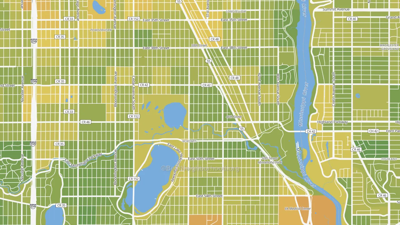Map of the best neighborhoods in the Ericsson, Minneapolis area, with better matches in green and worse matches in red