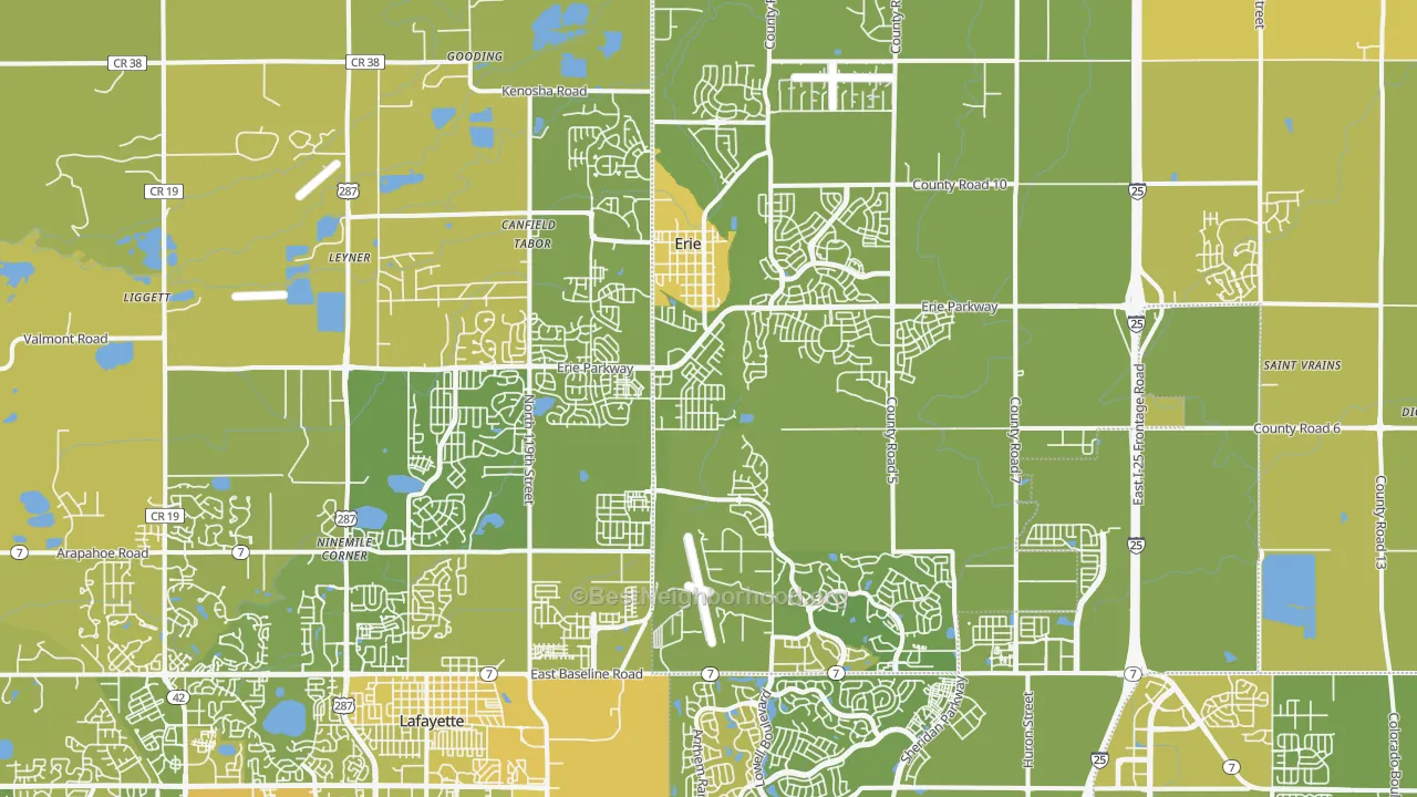 Map of the best neighborhoods in the Erie area, with better matches in green and worse matches in red