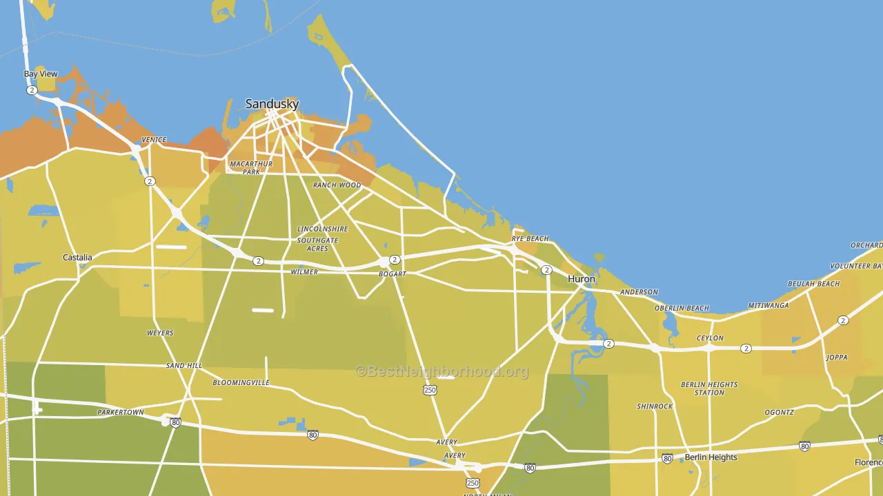 Map of the best neighborhoods in the Erie County area, with better matches in green and worse matches in red