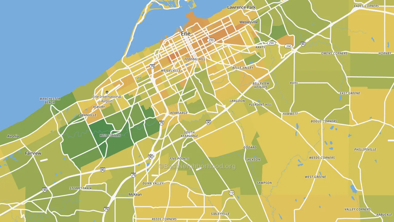 Map of the best neighborhoods in the Erie County area, with better matches in green and worse matches in red